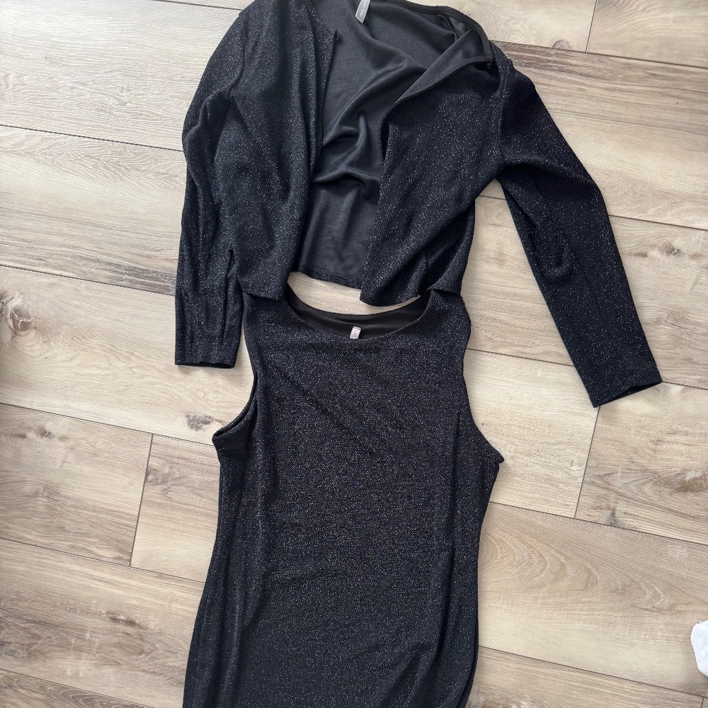 Black shimmer sleeveless dress and jacket